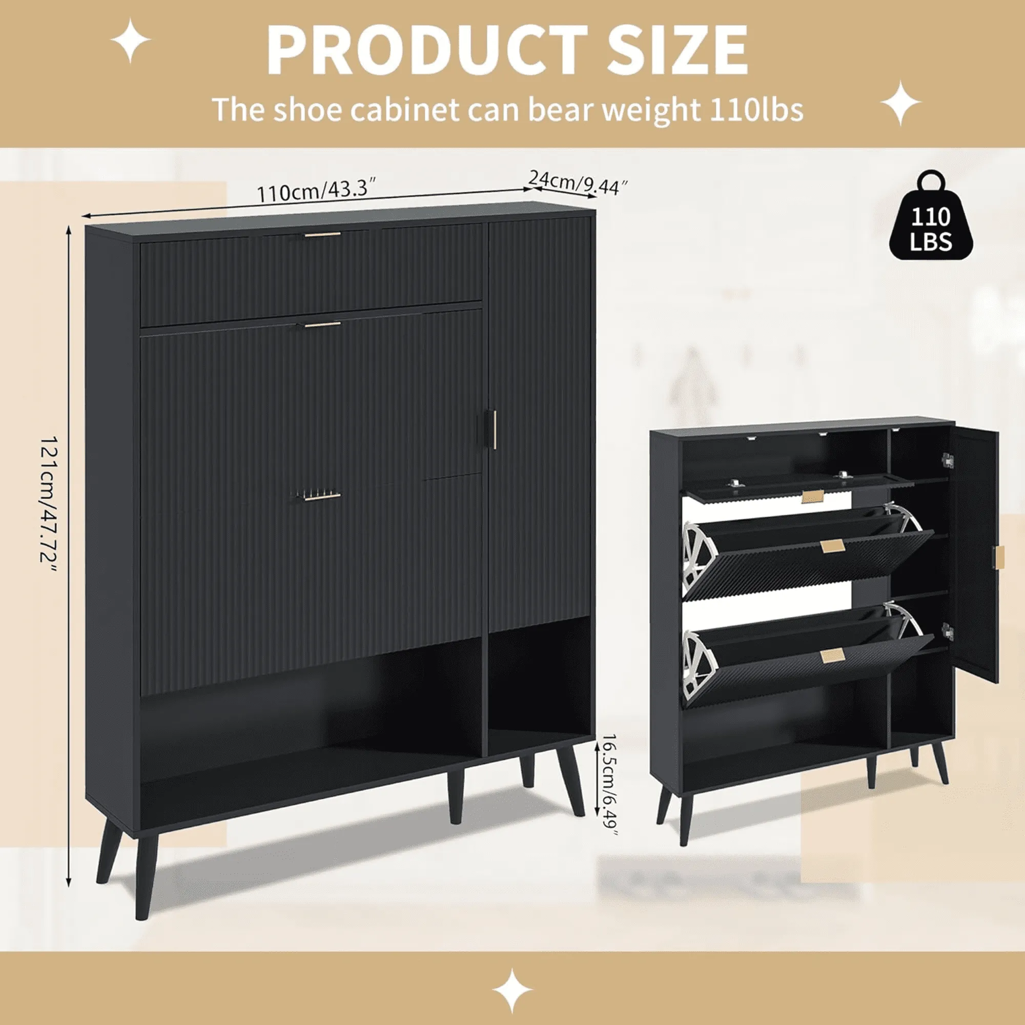 essential Modern Slim Hidden Shoe Cabinet, Freestanding Shoe Cabinet with 2 Flip Drawers, Entryway Narrow Shoe Storage with Adjustable Shelf&Top Cubby&Doors, Natural