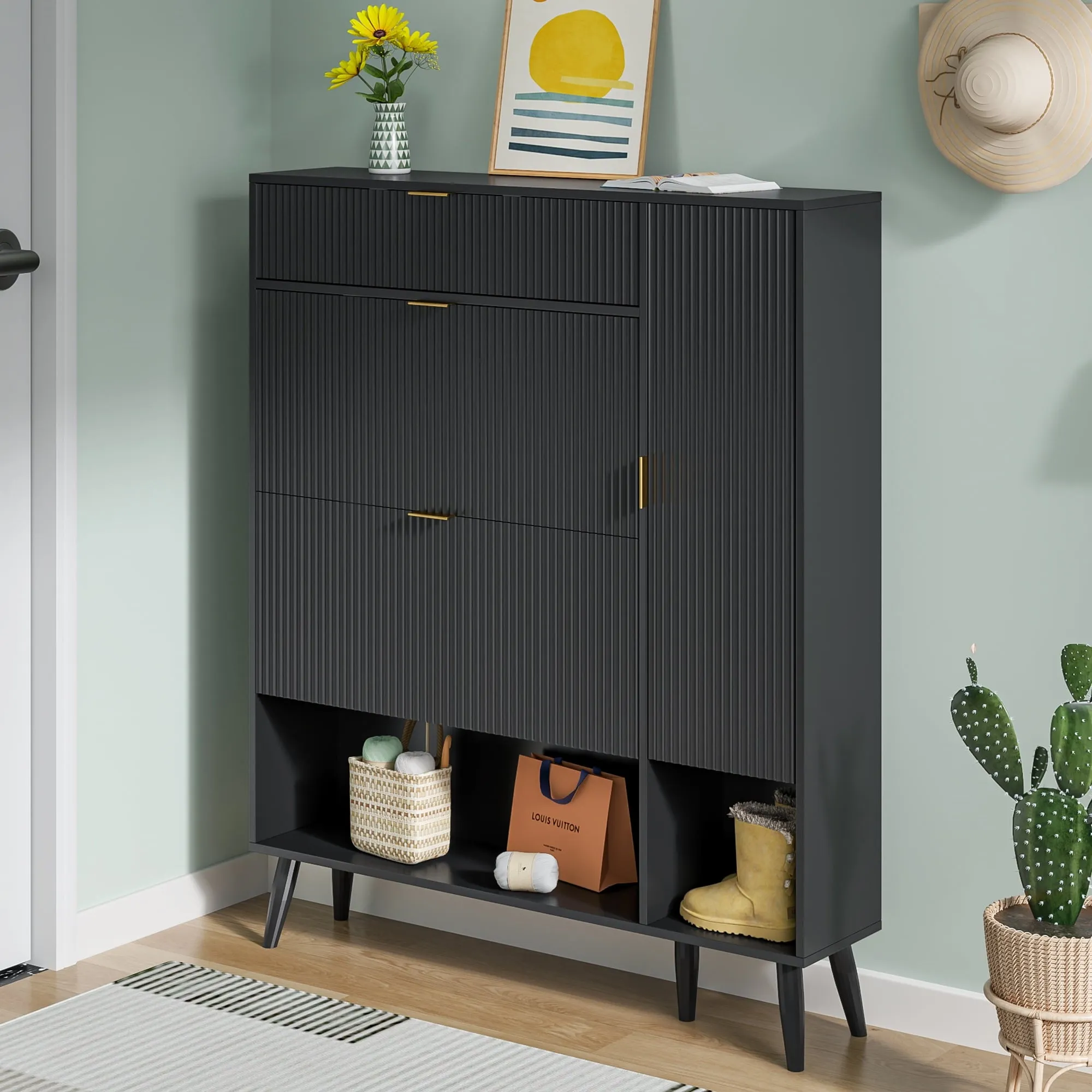 essential Modern Slim Hidden Shoe Cabinet, Freestanding Shoe Cabinet with 2 Flip Drawers, Entryway Narrow Shoe Storage with Adjustable Shelf&Top Cubby&Doors, Natural