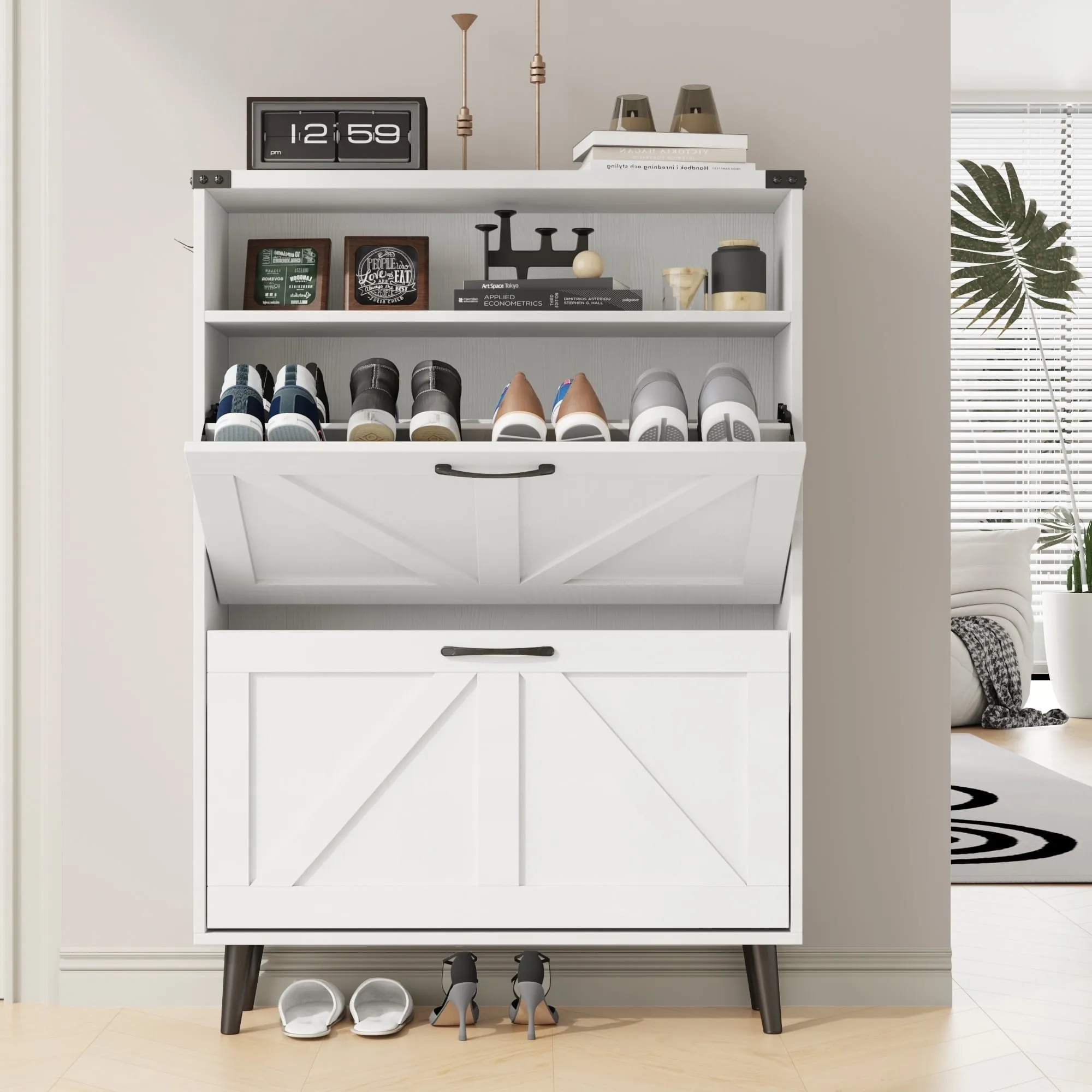 essential VEANERWOOD Shoe Cabinet with 2 Flip Drawers Farmhouse Shoe Storage Cabinet Organizer for Entryway, Grey