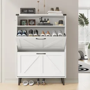 essential VEANERWOOD Shoe Cabinet with 2 Flip Drawers Farmhouse Shoe Storage Cabinet Organizer for Entryway, Grey