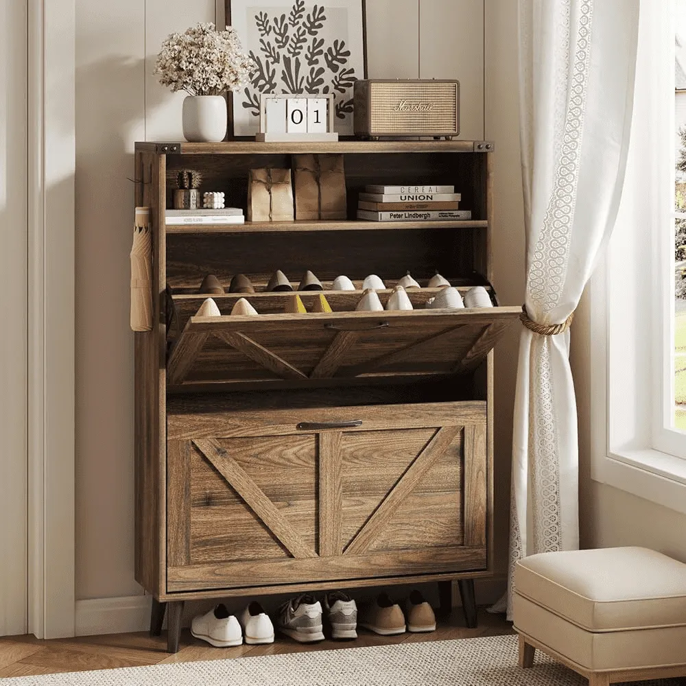 everyday VEANERWOOD Shoe Cabinet with 2 Flip Drawers Farmhouse Shoe Storage Cabinet Organizer for Entryway, Grey