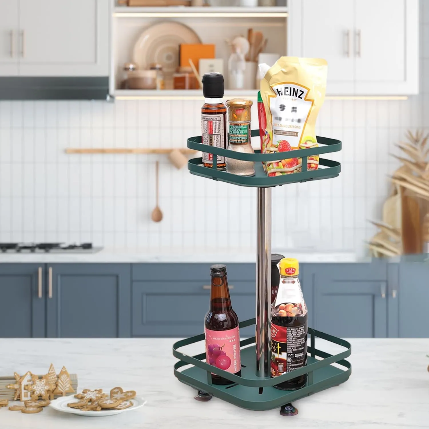 Kuber Industries 2-Layer Rotating Spice Rack|Square Shelf For Cabinet Countertop|360-Degree Rotable Kitchen Trolley|Fruit Basket Pack of 4 (Dark Green)