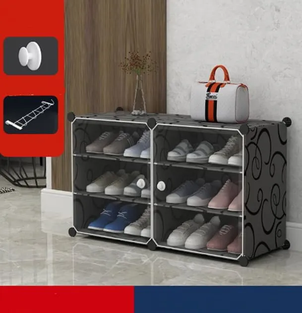 Kuber Industries Pack of 4 Shoes Cabinet |2 Column 3-Tier Foldable Shoe Rack Organizer for Closet | Plastic Shoe Shelf Collapsible Shoes Storage Box | Shoe Cabinet with Lids | JL2C3TBK | Black