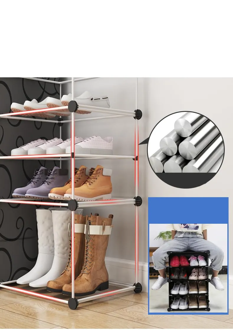 Kuber Industries Pack of 4 Shoes Cabinet |2 Column 3-Tier Foldable Shoe Rack Organizer for Closet | Plastic Shoe Shelf Collapsible Shoes Storage Box | Shoe Cabinet with Lids | JL2C3TBK | Black