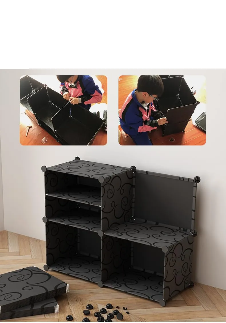 Kuber Industries Pack of 4 Shoes Cabinet |2 Column 3-Tier Foldable Shoe Rack Organizer for Closet | Plastic Shoe Shelf Collapsible Shoes Storage Box | Shoe Cabinet with Lids | JL2C3TBK | Black