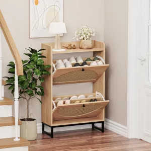 modern Shoe Cabinet with 2 Natural Rattan Flip Drawers, Entryway Shoe Rack Storage Organizer
