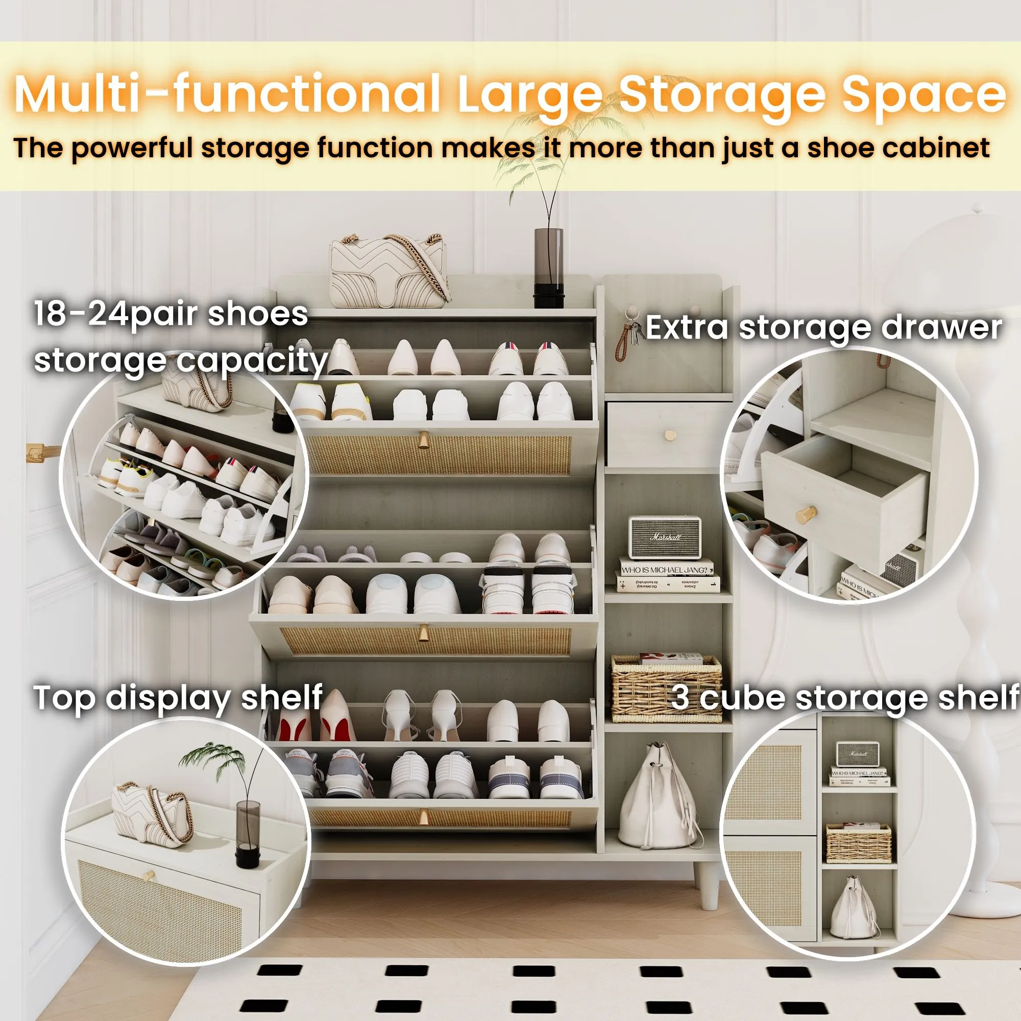 Natural Bohemia Style Shoe Cabinet, Shoe Rack Cabinet With 3 Rattan Flip Drawers, 3 Square Shelves And 1 Storage Drawer, Shoe Organizer With Mulit Storage Space And Hooks For Hallway, Entryway