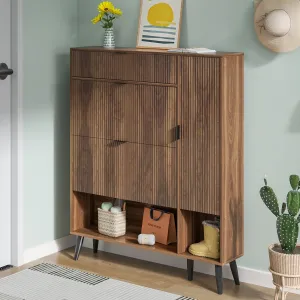 relaxed Modern Slim Hidden Shoe Cabinet, Freestanding Shoe Cabinet with 2 Flip Drawers, Entryway Narrow Shoe Storage with Adjustable Shelf&Top Cubby&Doors, Natural