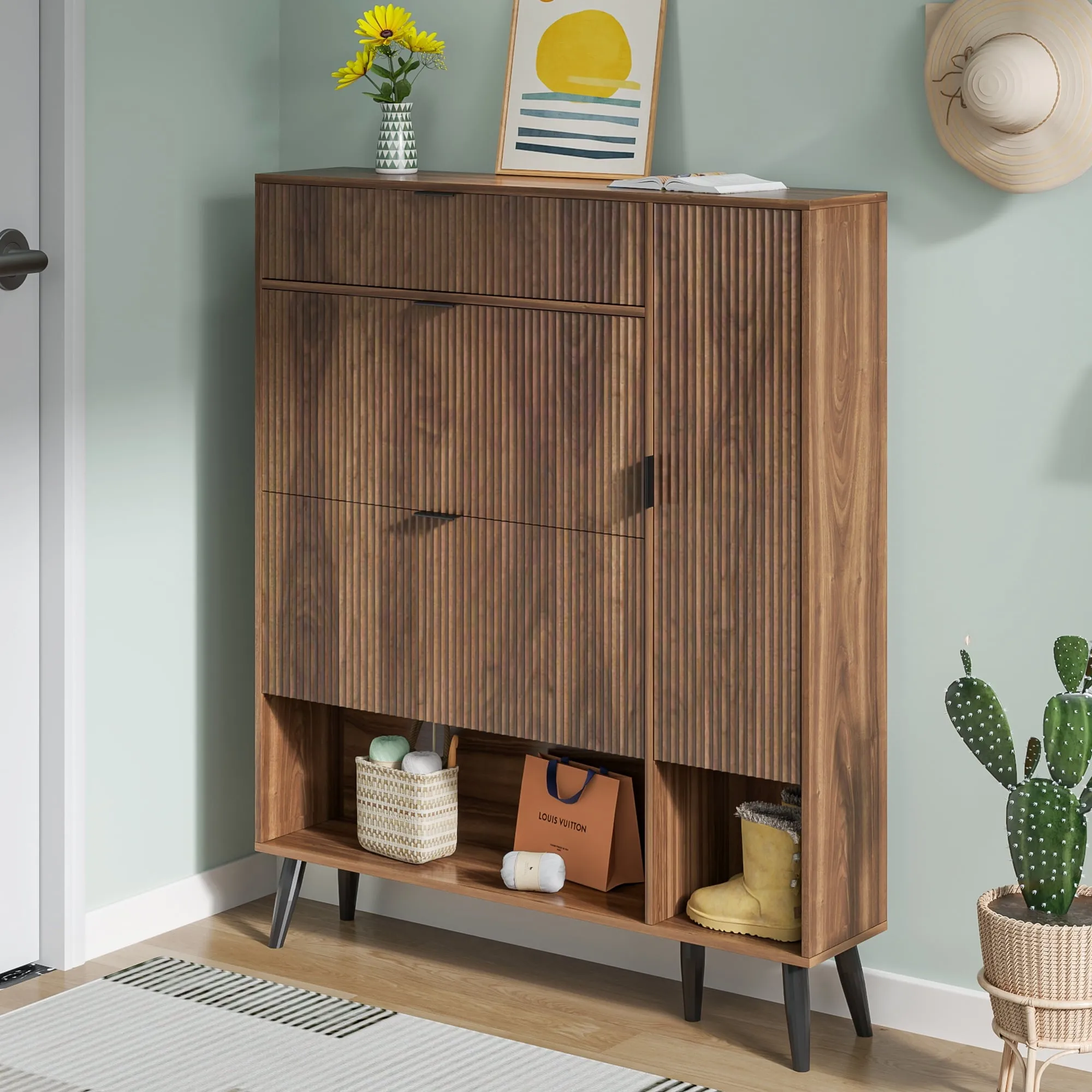 relaxed Modern Slim Hidden Shoe Cabinet, Freestanding Shoe Cabinet with 2 Flip Drawers, Entryway Narrow Shoe Storage with Adjustable Shelf&Top Cubby&Doors, Natural