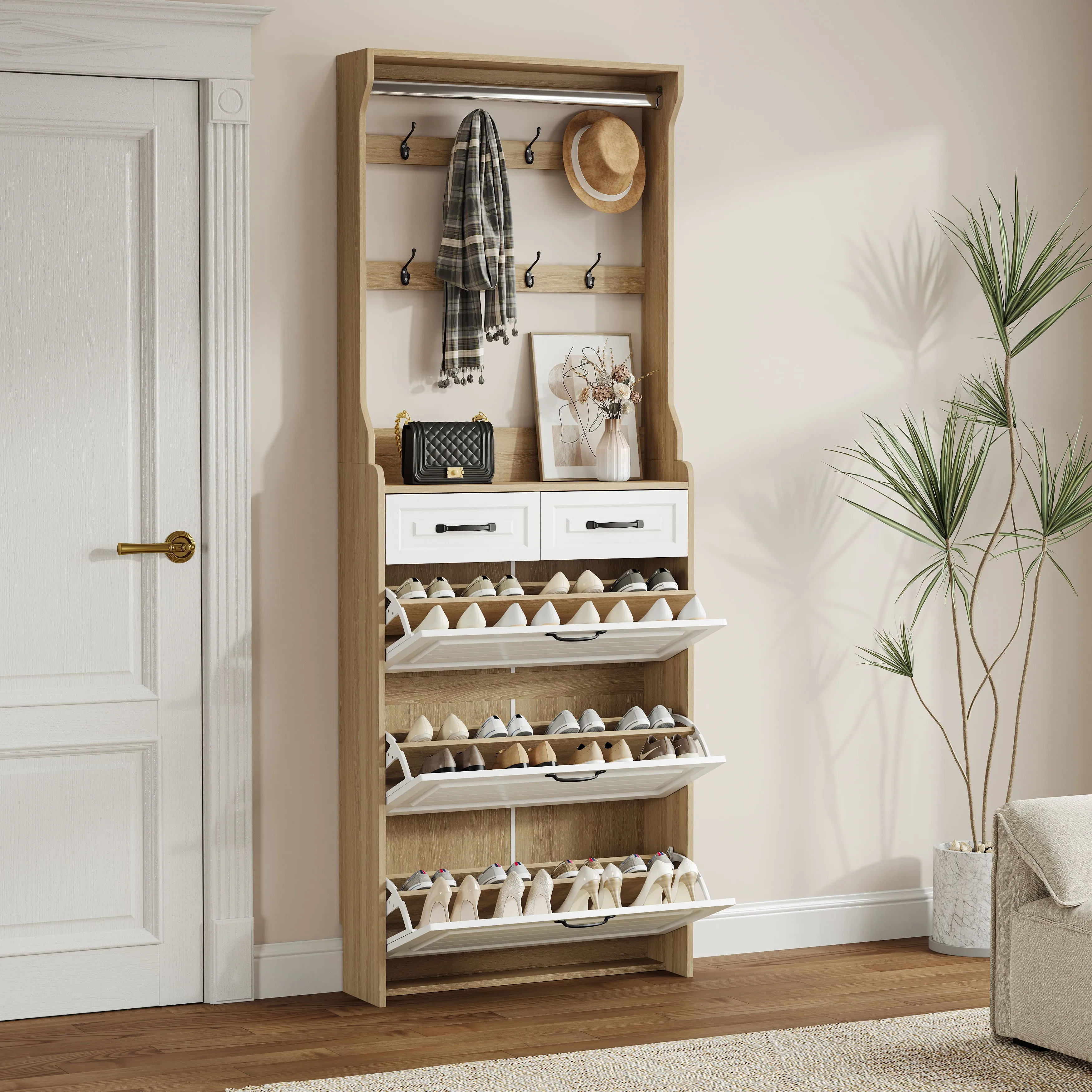 Shoe Cabinet With 3 Doors 2 Drawers With Hanger, Door With Shape, Large Space For Storage