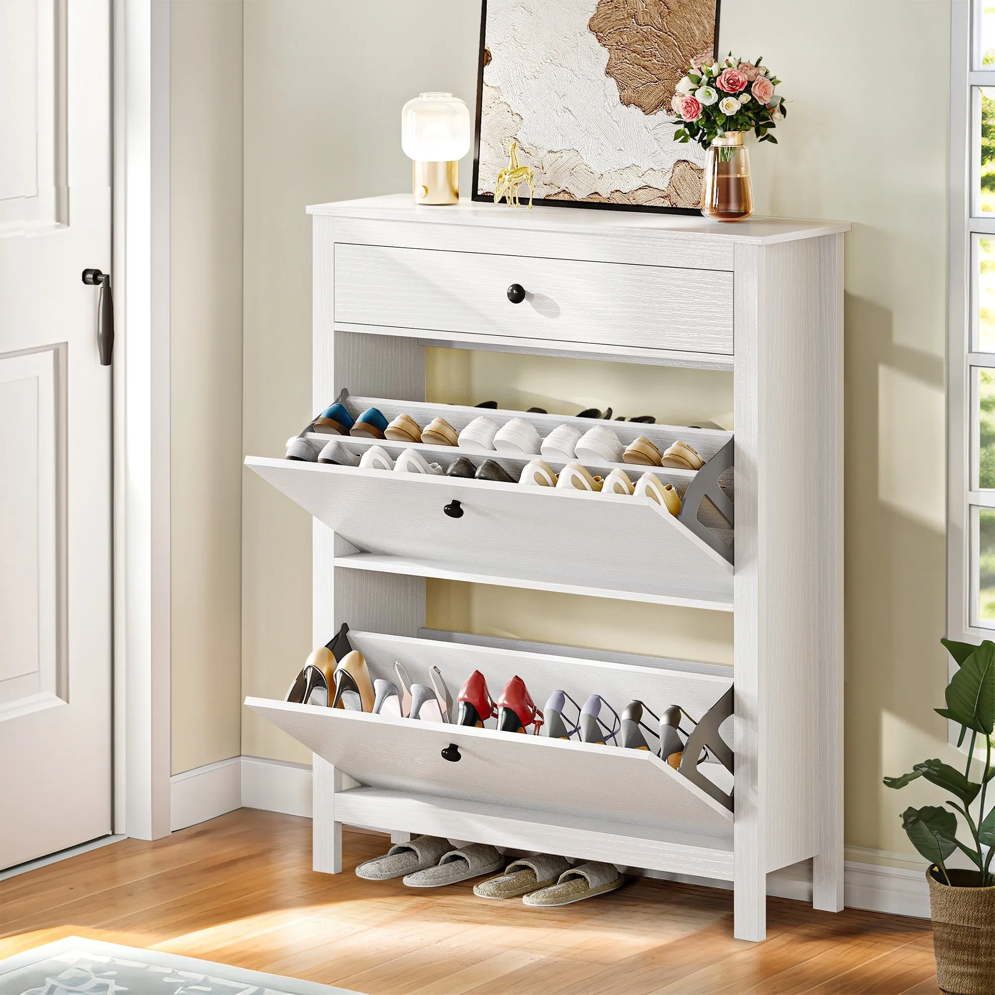 timeless Dextrus Shoe Cabinet with 2 Flip Drawers and Open Shelf, Wood Shoe Rack 47.6" for Entryway, White