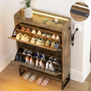 versatile Shoe Cabinet Storage with LED lights for Entryway,  2 Drawer Industrial Shoe Organizer with Charging Station, Freestanding Slim Shoe Rack Storage Stand