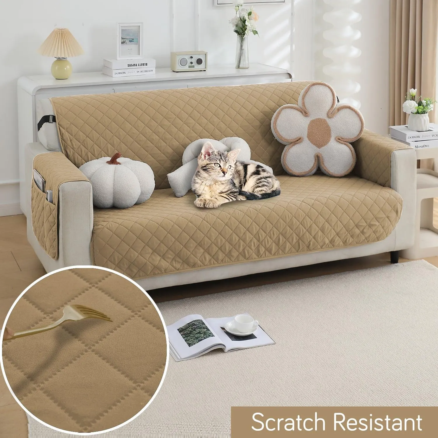 Waterproof & Quick-Dry Quilted 1/2/3-Seater Sofa Cover with Pockets on Armrest, Camel
