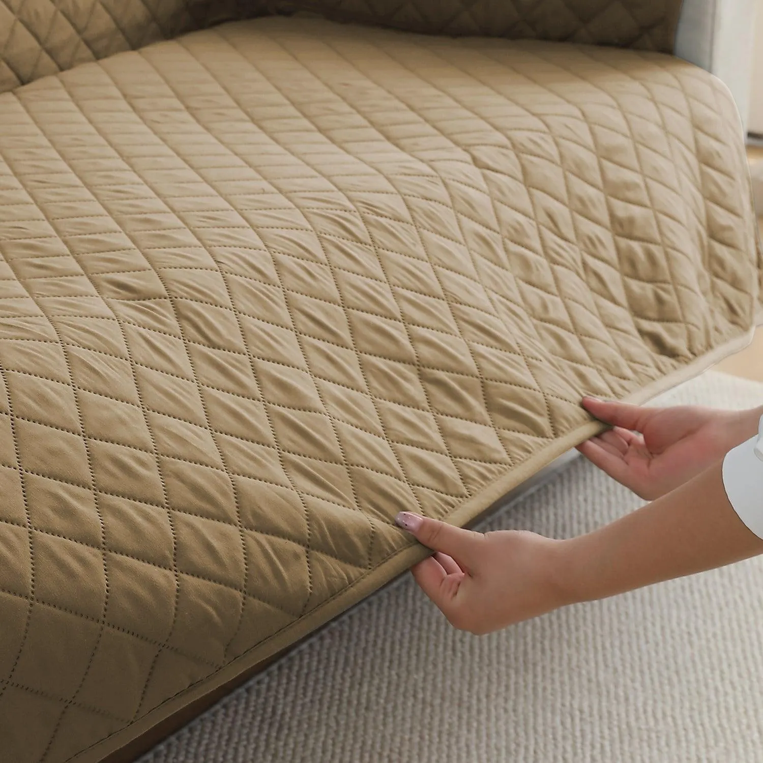 Waterproof & Quick-Dry Quilted 1/2/3-Seater Sofa Cover with Pockets on Armrest, Camel