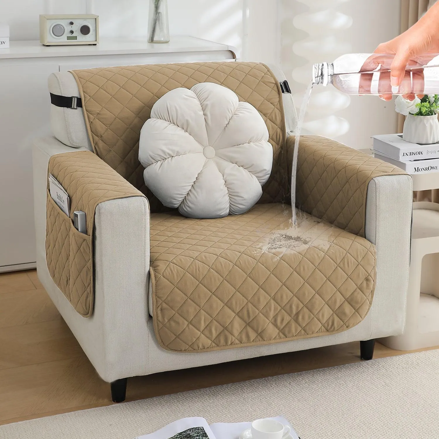 Waterproof & Quick-Dry Quilted 1/2/3-Seater Sofa Cover with Pockets on Armrest, Camel