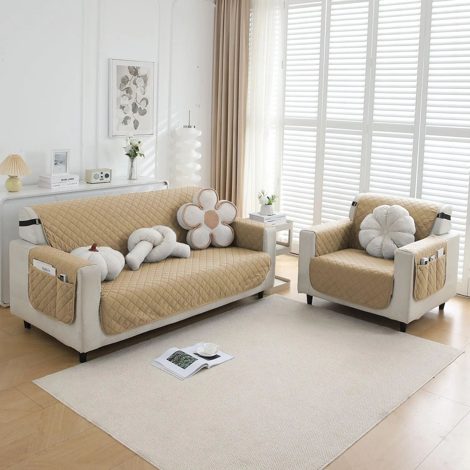 Waterproof & Quick-Dry Quilted 1/2/3-Seater Sofa Cover with Pockets on Armrest, Camel