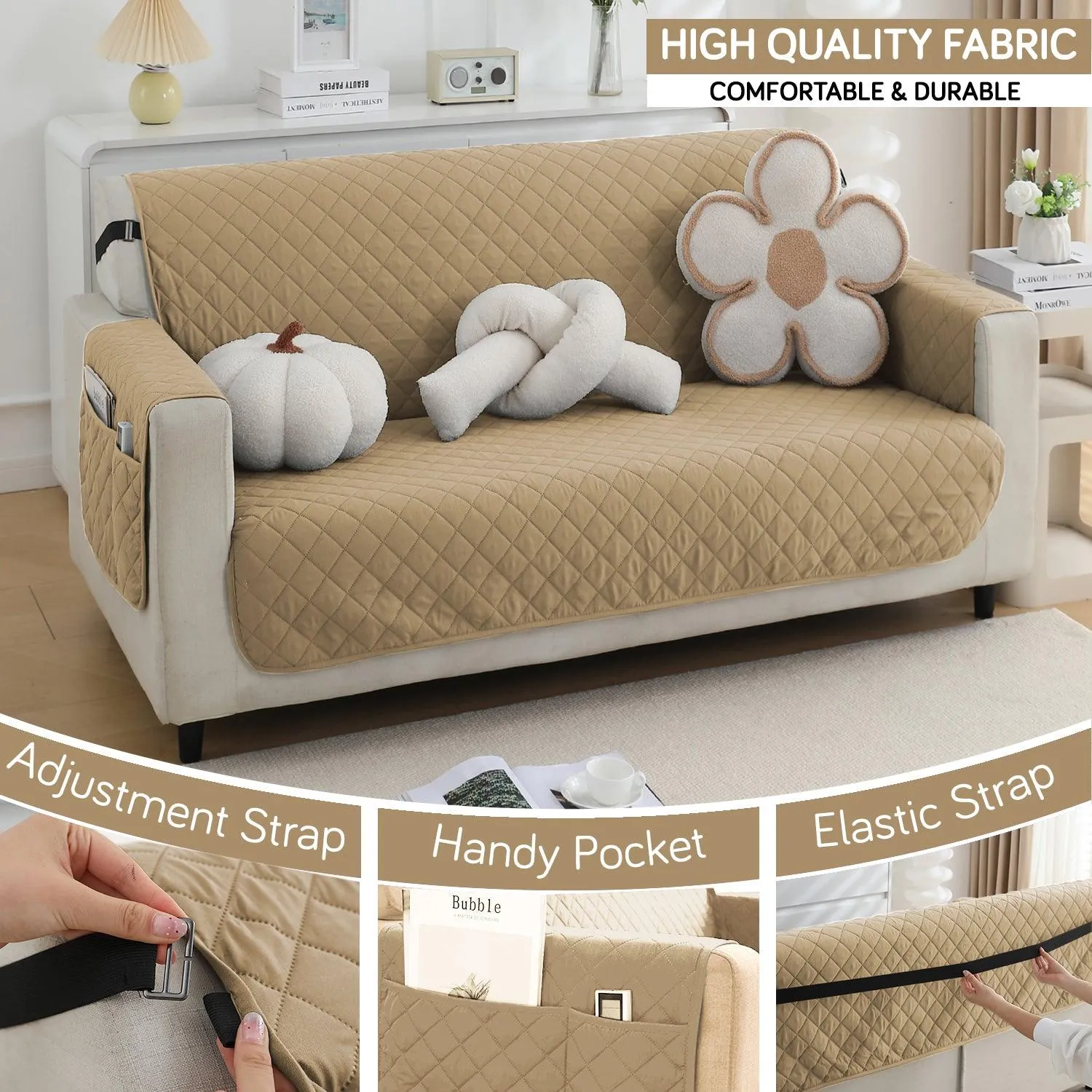 Waterproof & Quick-Dry Quilted 1/2/3-Seater Sofa Cover with Pockets on Armrest, Camel