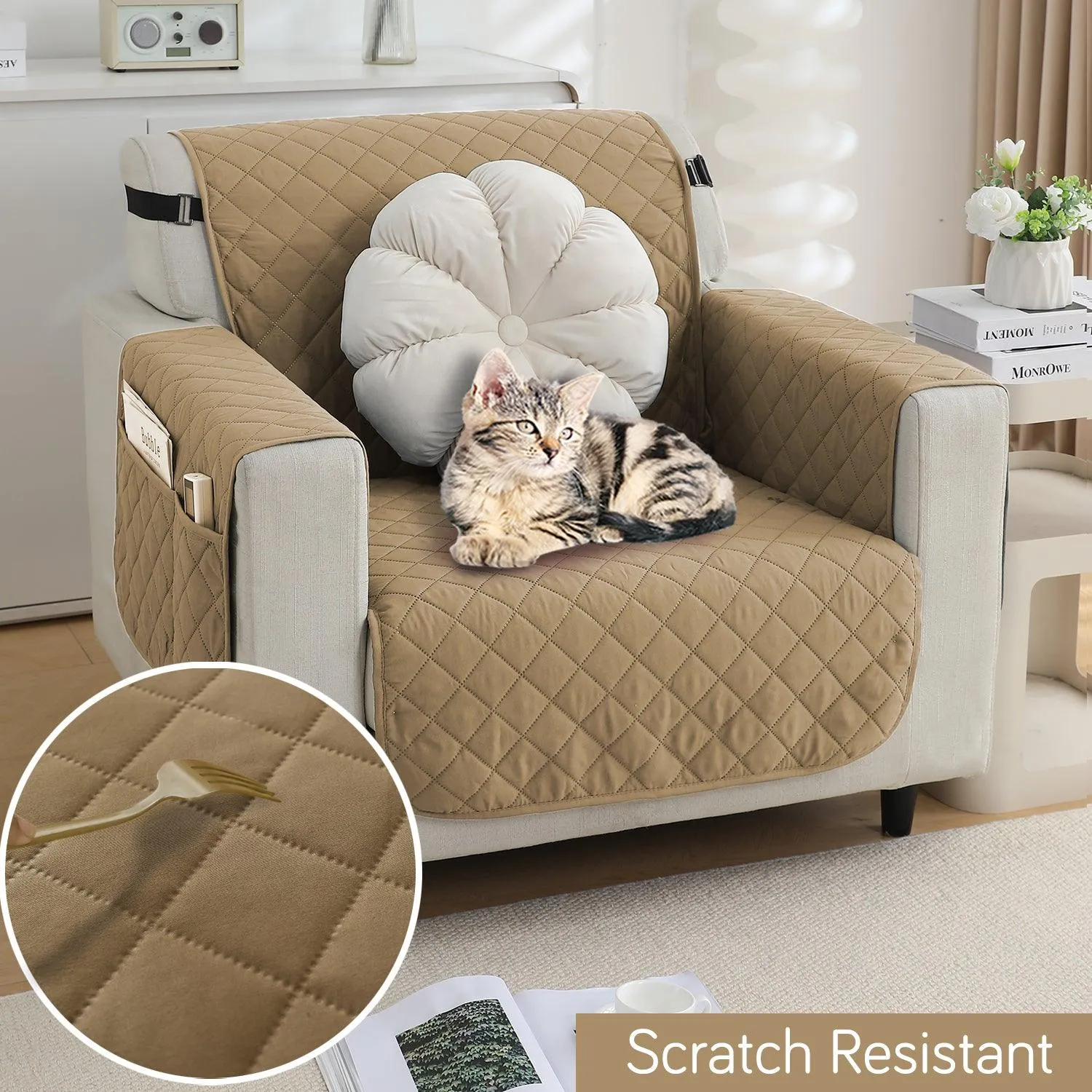 Waterproof & Quick-Dry Quilted 1/2/3-Seater Sofa Cover with Pockets on Armrest, Camel