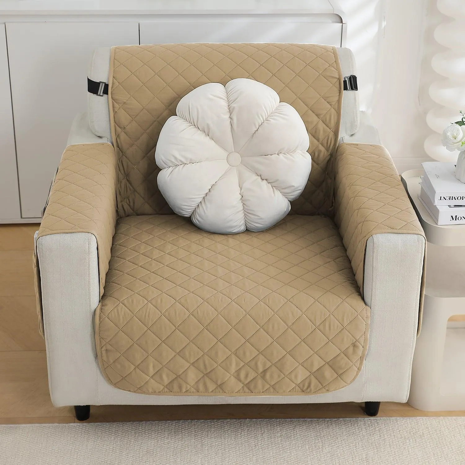 Waterproof & Quick-Dry Quilted 1/2/3-Seater Sofa Cover with Pockets on Armrest, Camel