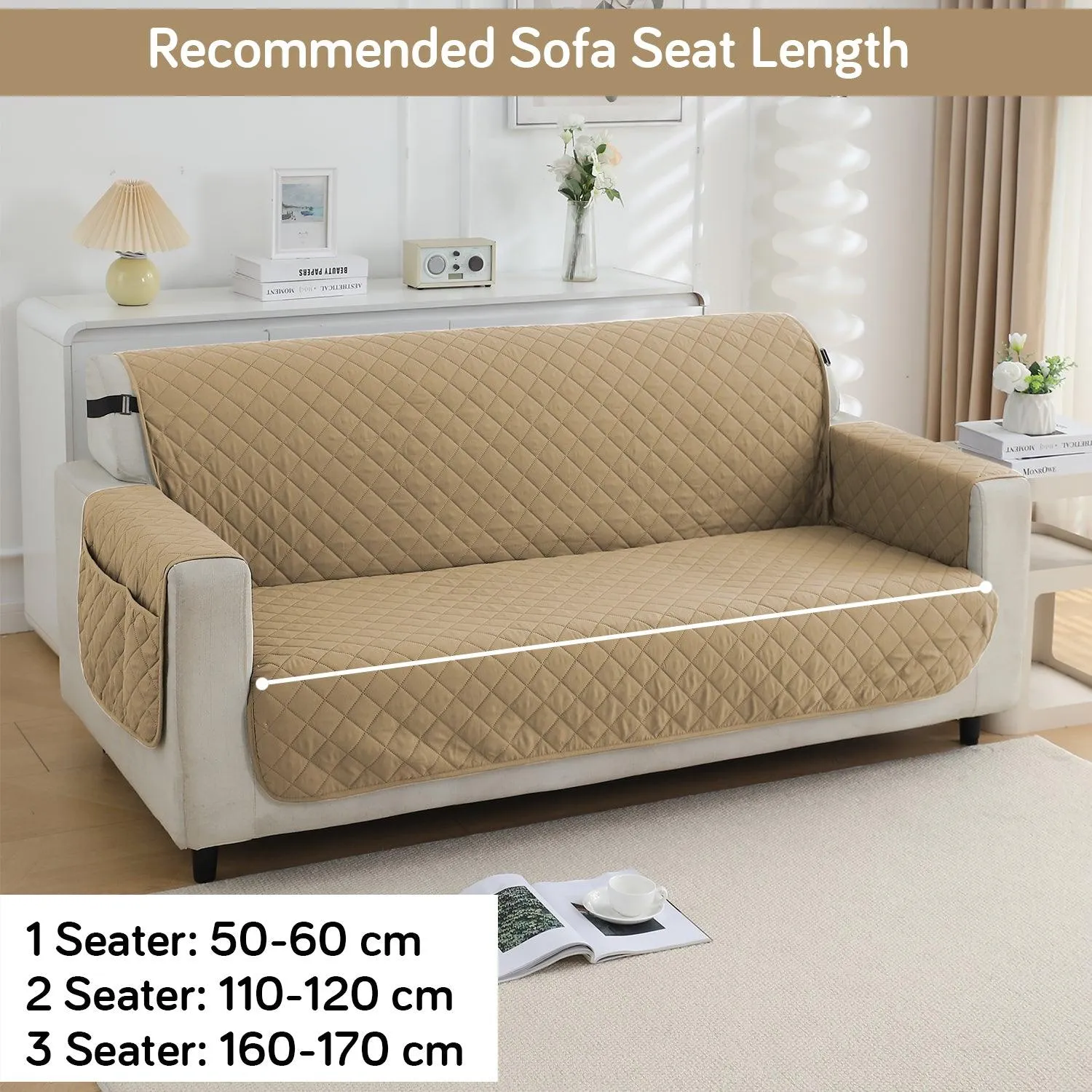 Waterproof & Quick-Dry Quilted 1/2/3-Seater Sofa Cover with Pockets on Armrest, Camel