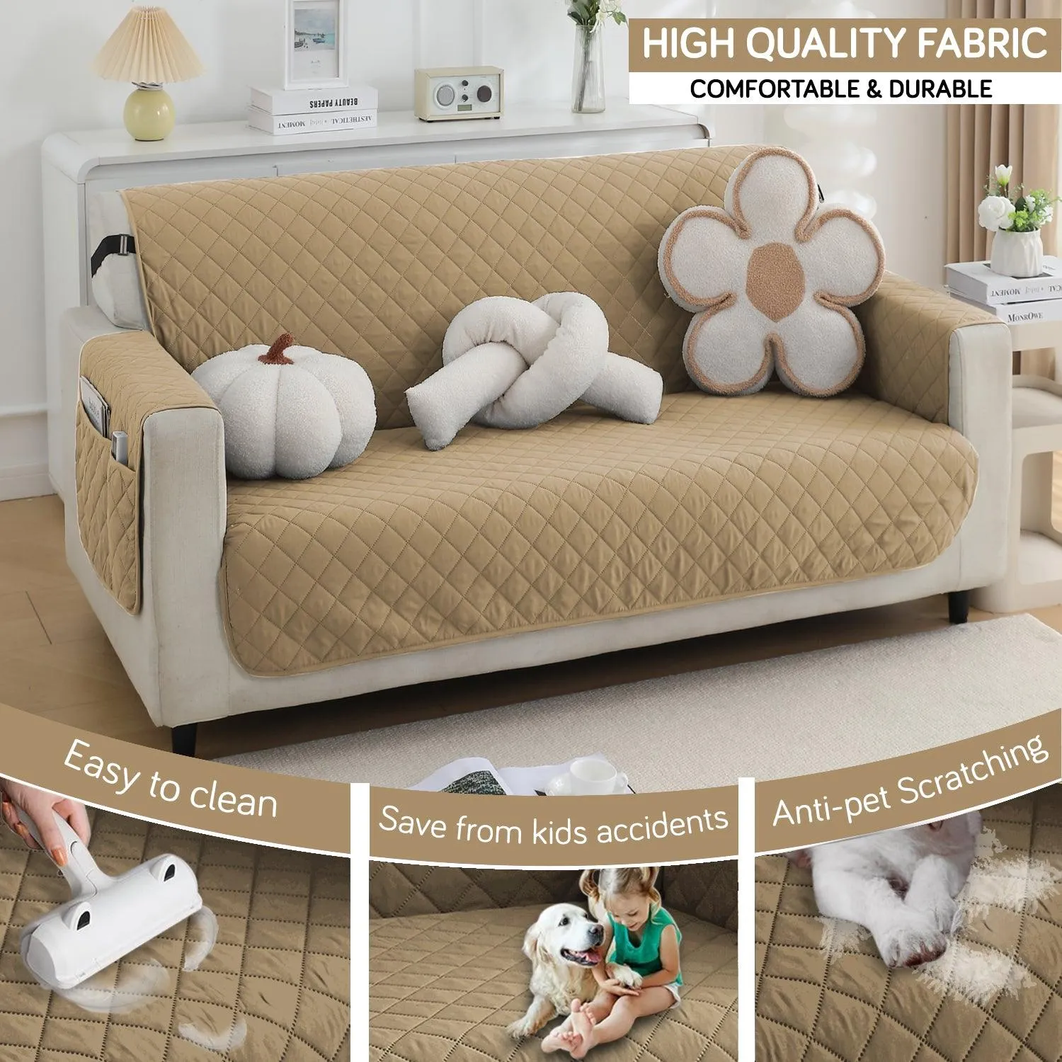 Waterproof & Quick-Dry Quilted 1/2/3-Seater Sofa Cover with Pockets on Armrest, Camel