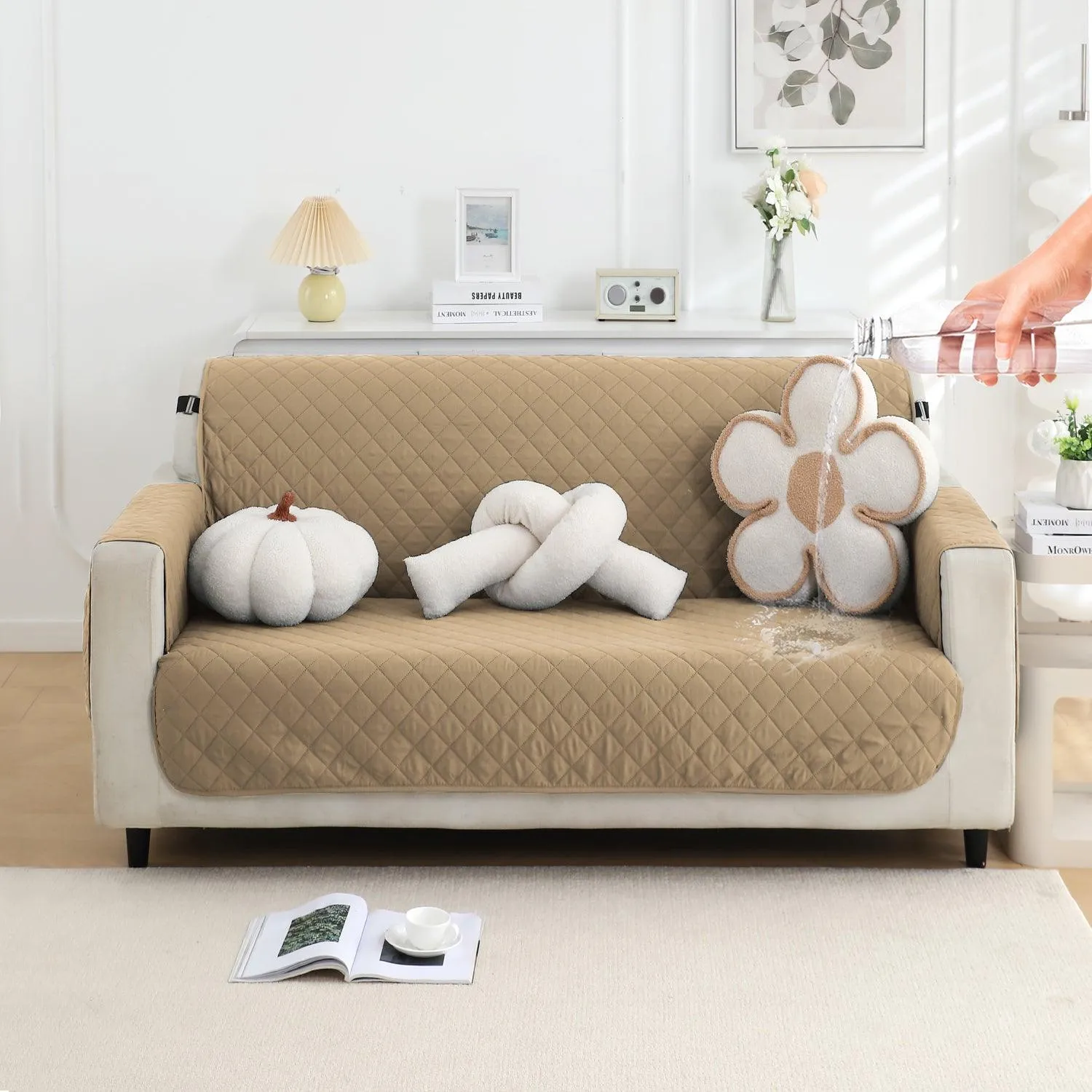 Waterproof & Quick-Dry Quilted 1/2/3-Seater Sofa Cover with Pockets on Armrest, Camel