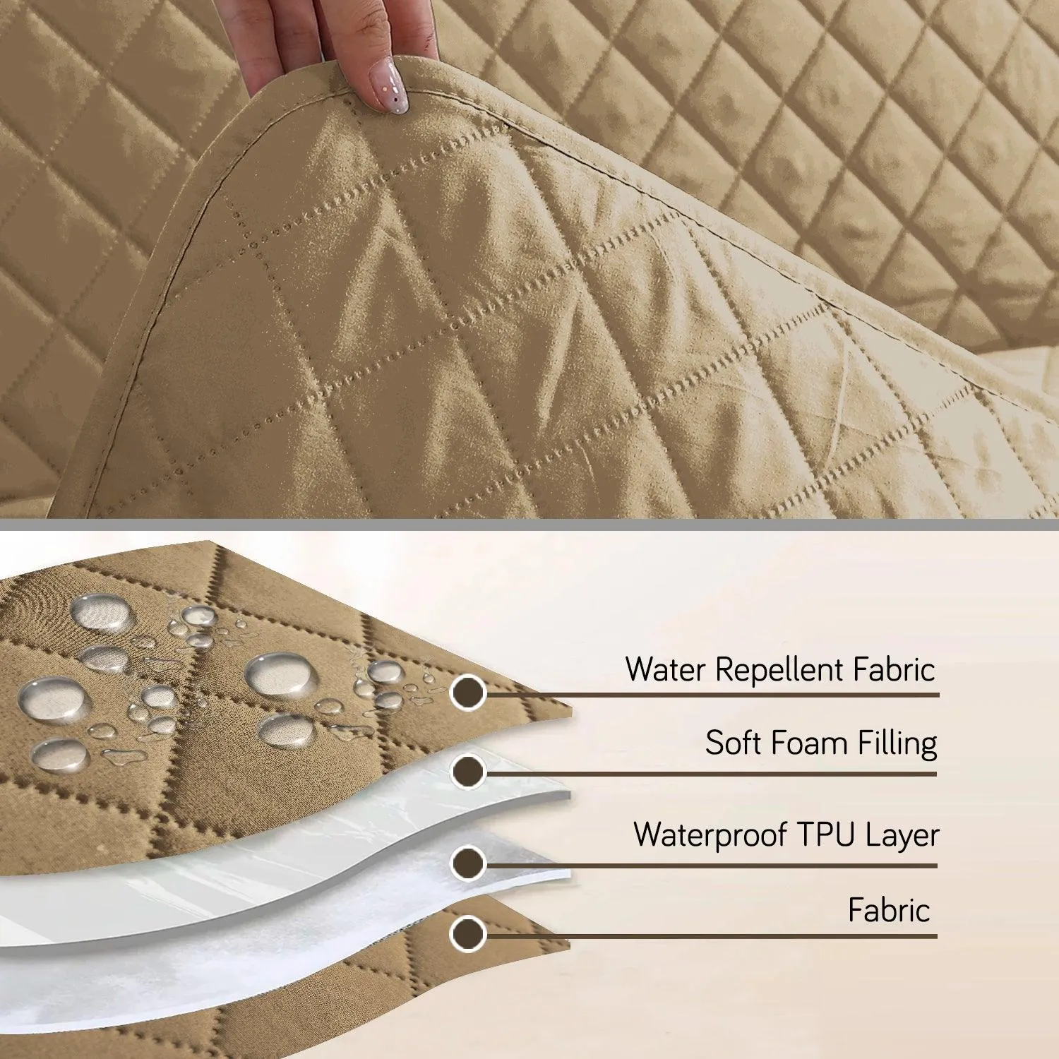 Waterproof & Quick-Dry Quilted 1/2/3-Seater Sofa Cover with Pockets on Armrest, Camel