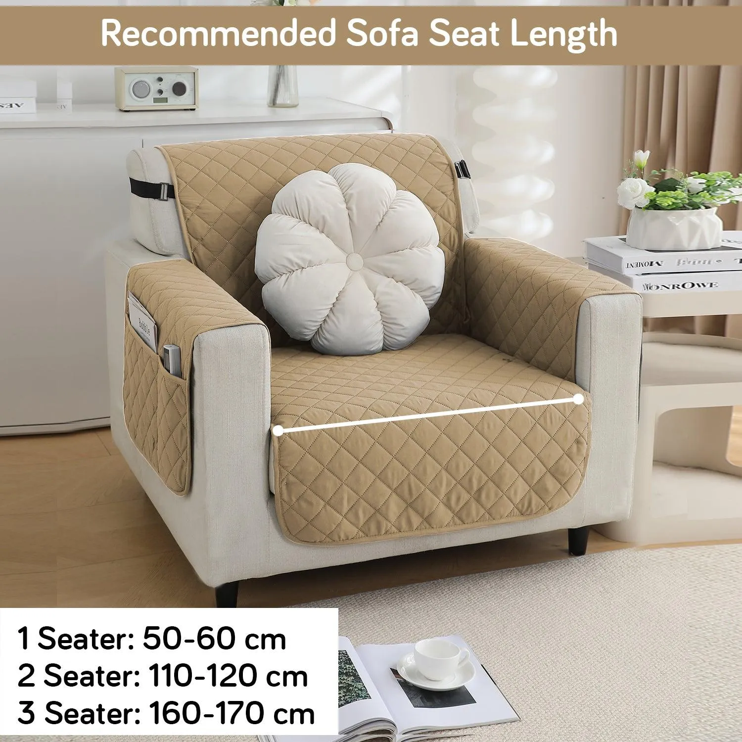Waterproof & Quick-Dry Quilted 1/2/3-Seater Sofa Cover with Pockets on Armrest, Camel