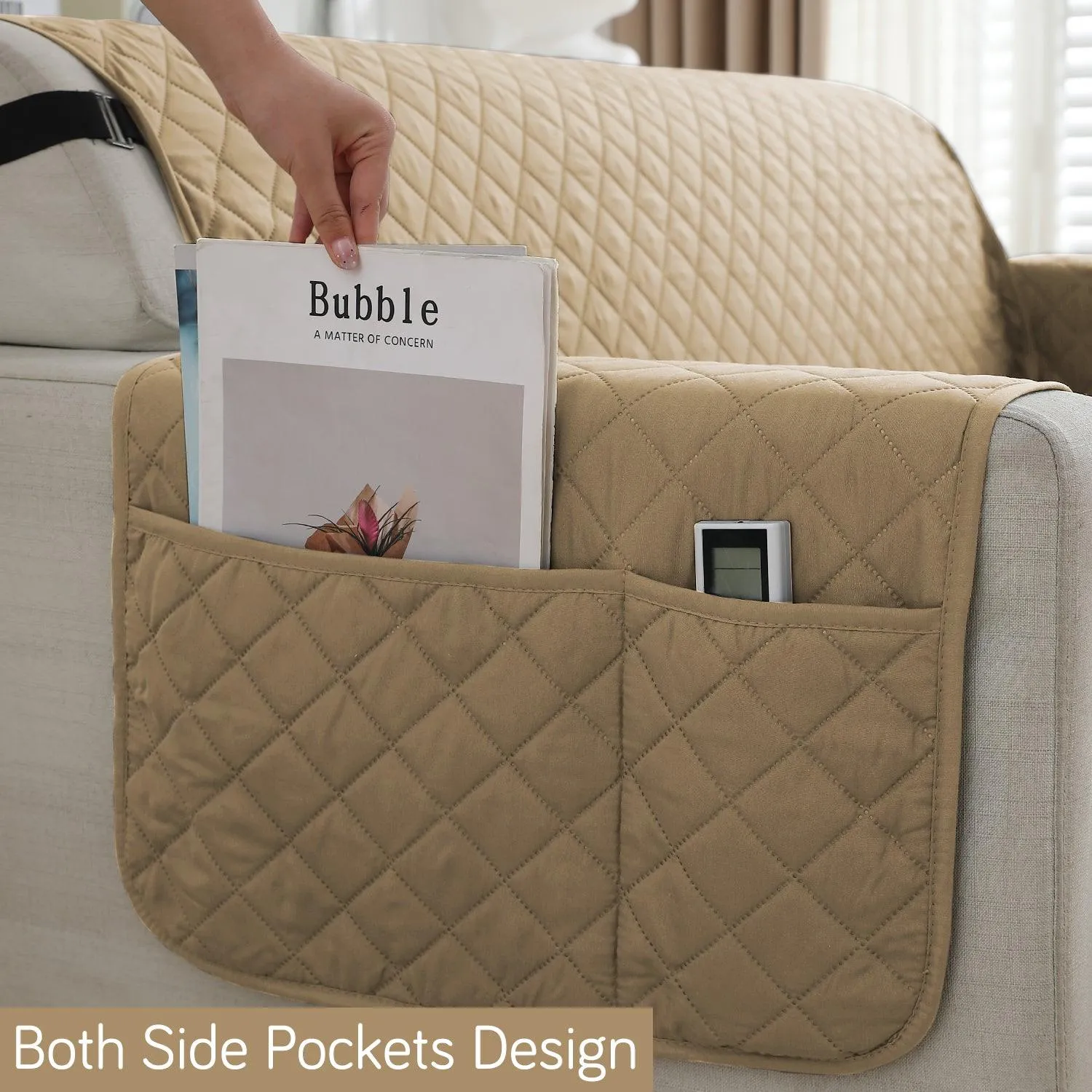 Waterproof & Quick-Dry Quilted 1/2/3-Seater Sofa Cover with Pockets on Armrest, Camel