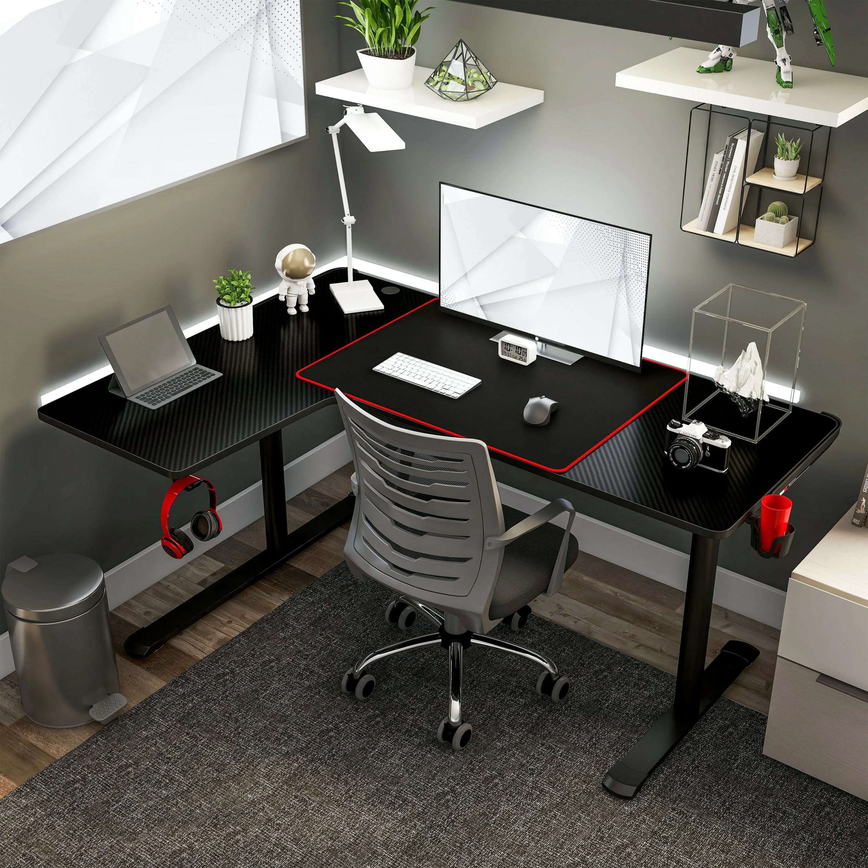 Wishka Modern Black 65-inch L-Shape Gaming Desk with USBs & Cup-holder
